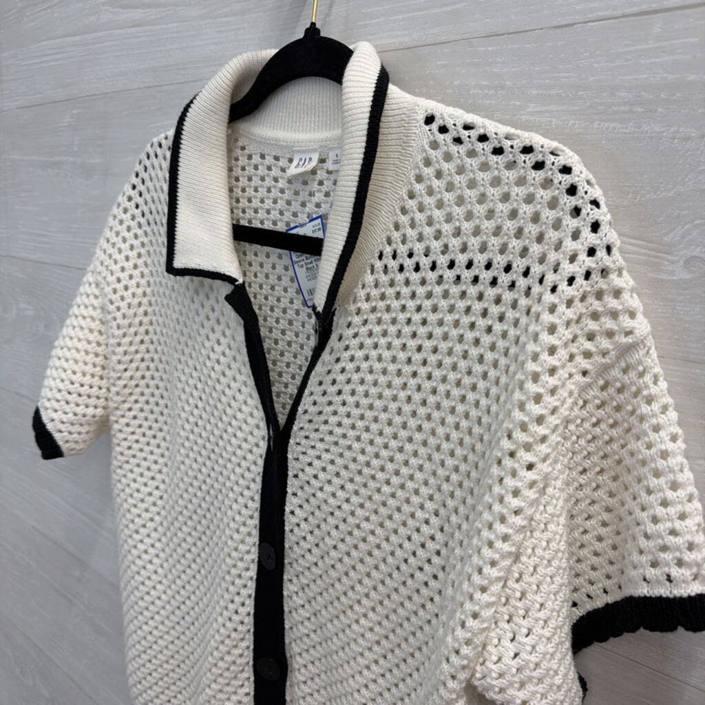 Gap White/ Black Trim Open Knit Short Sleeve Button Front Top Small