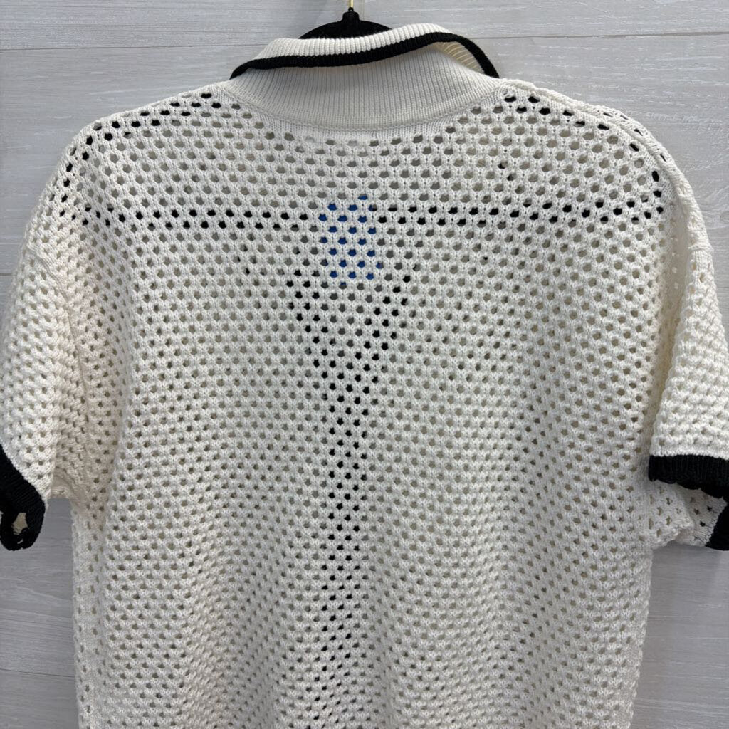 Gap White/ Black Trim Open Knit Short Sleeve Button Front Top Small