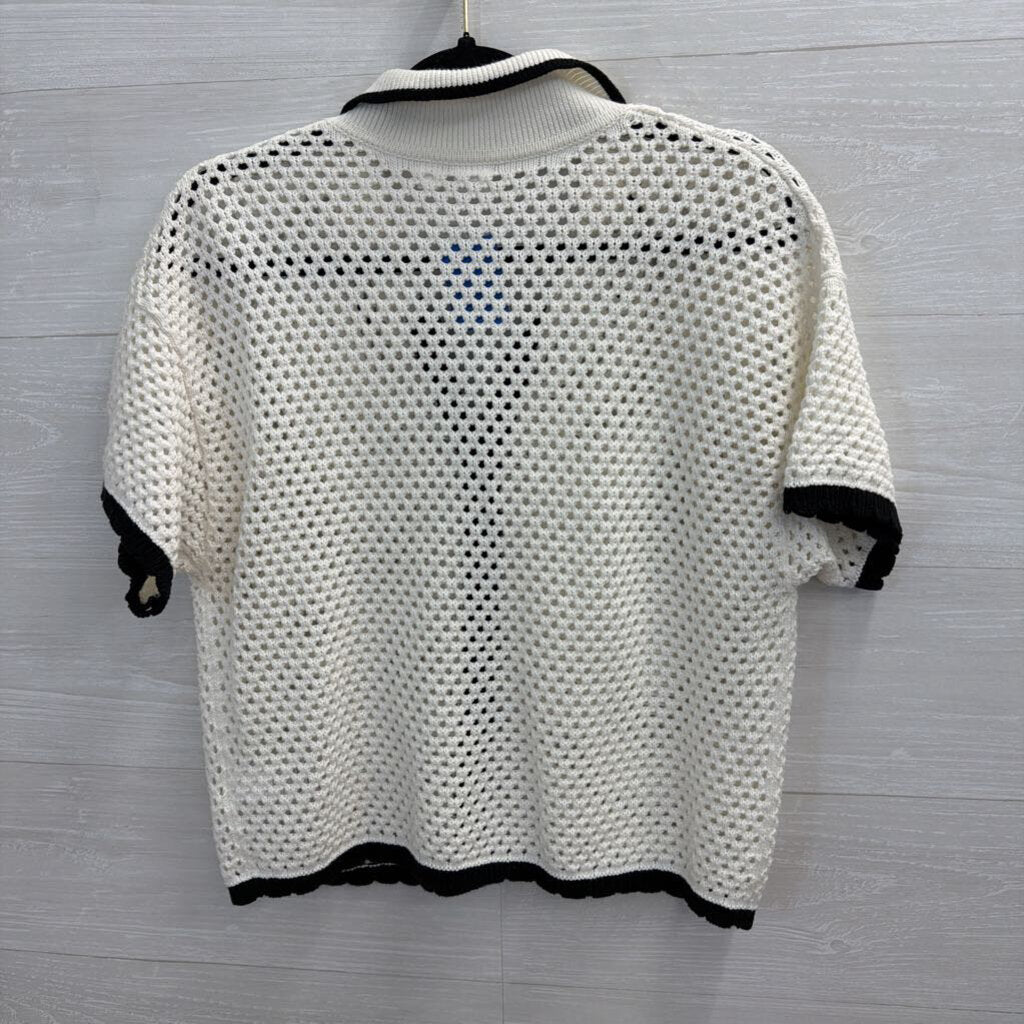 Gap White/ Black Trim Open Knit Short Sleeve Button Front Top Small