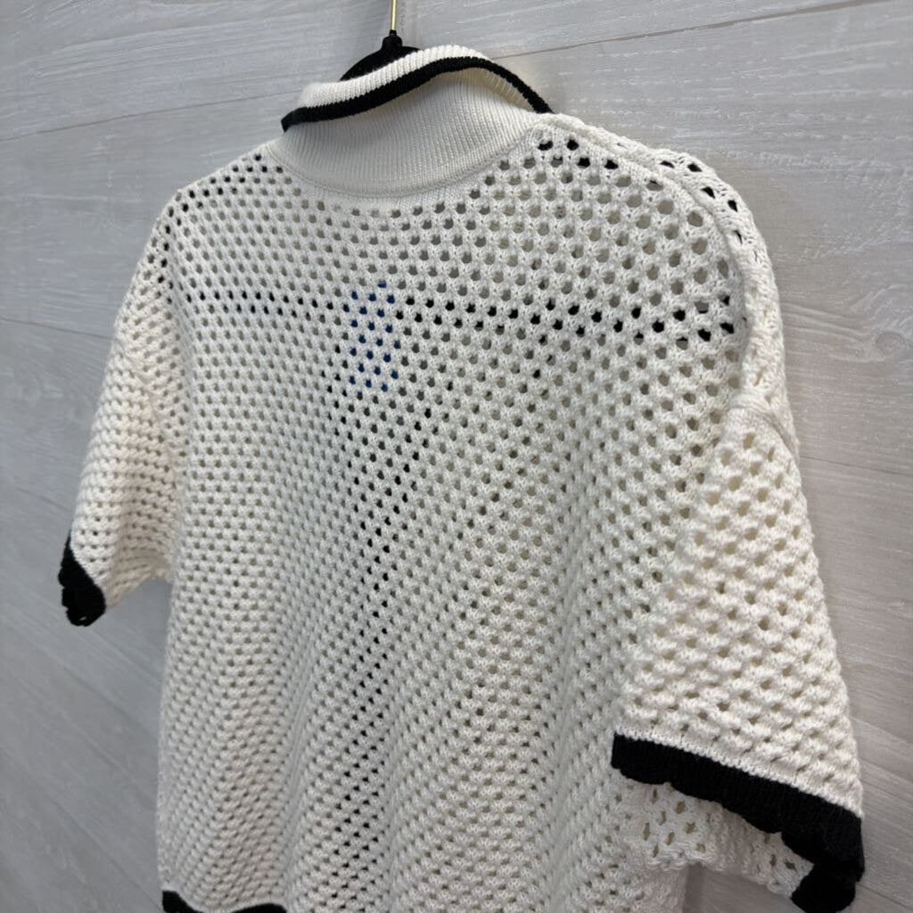 Gap White/ Black Trim Open Knit Short Sleeve Button Front Top Small
