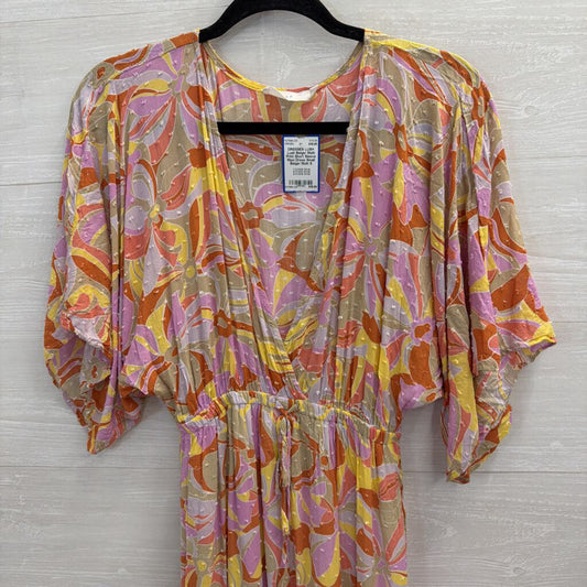 Lush Beige/ Multi Print Short Sleeve Maxi Dress Small