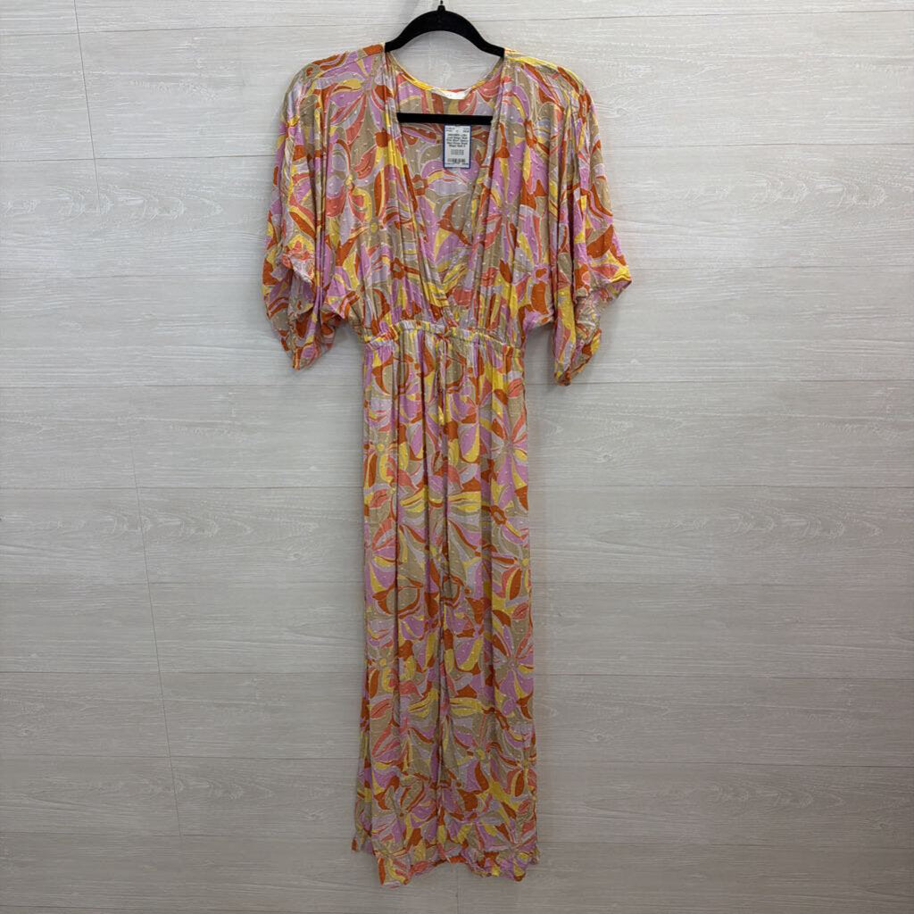 Lush Beige/ Multi Print Short Sleeve Maxi Dress Small