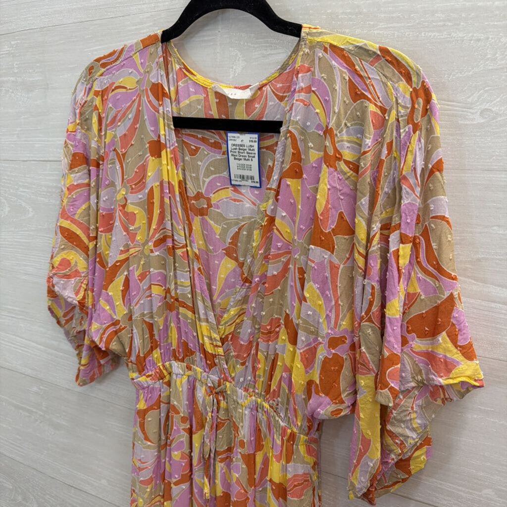 Lush Beige/ Multi Print Short Sleeve Maxi Dress Small