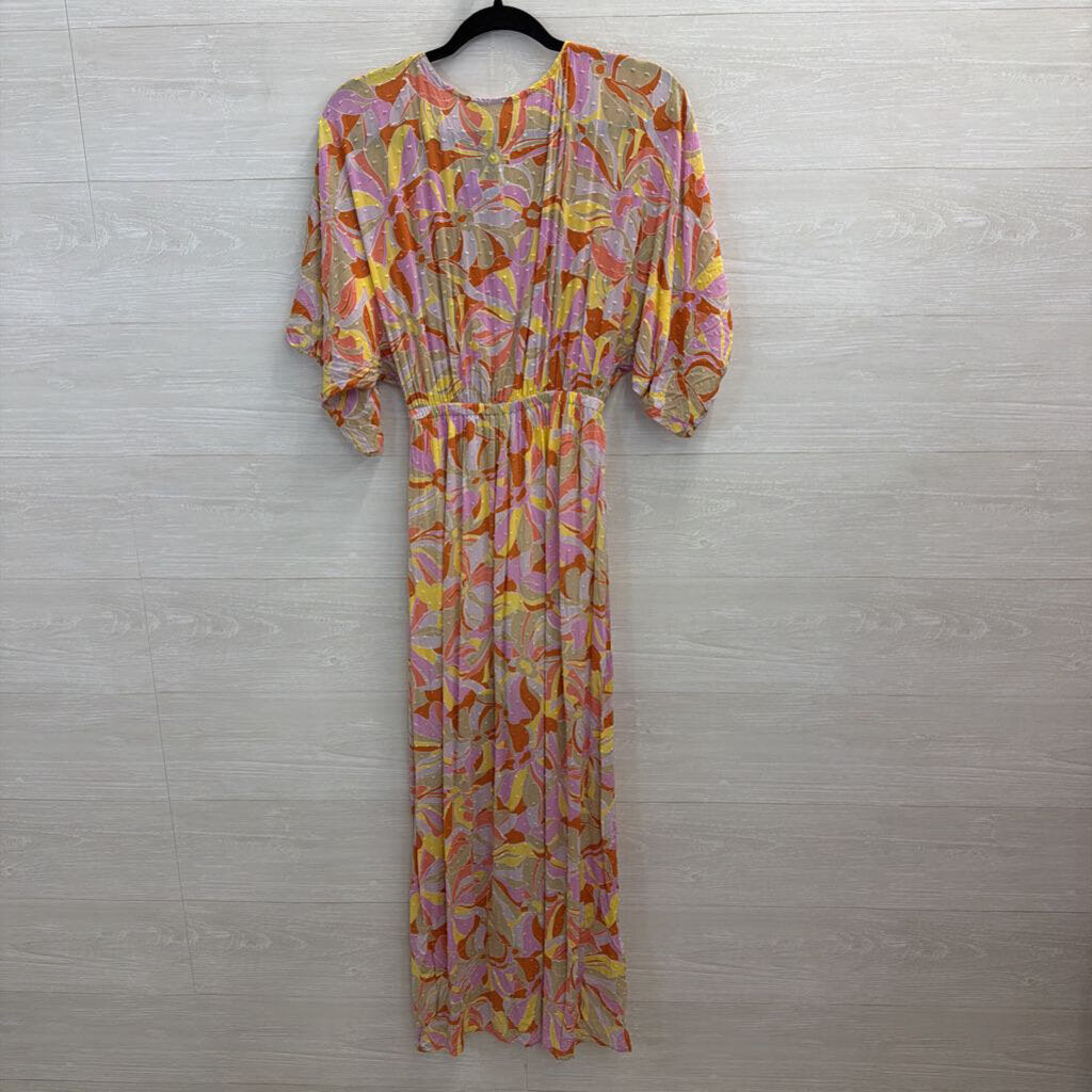 Lush Beige/ Multi Print Short Sleeve Maxi Dress Small