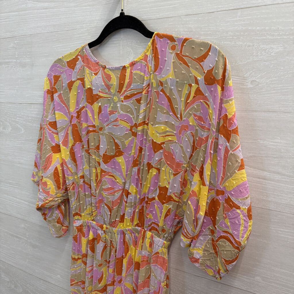 Lush Beige/ Multi Print Short Sleeve Maxi Dress Small