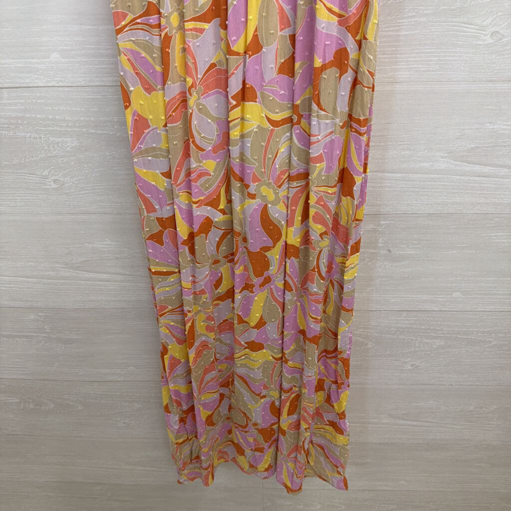 Lush Beige/ Multi Print Short Sleeve Maxi Dress Small