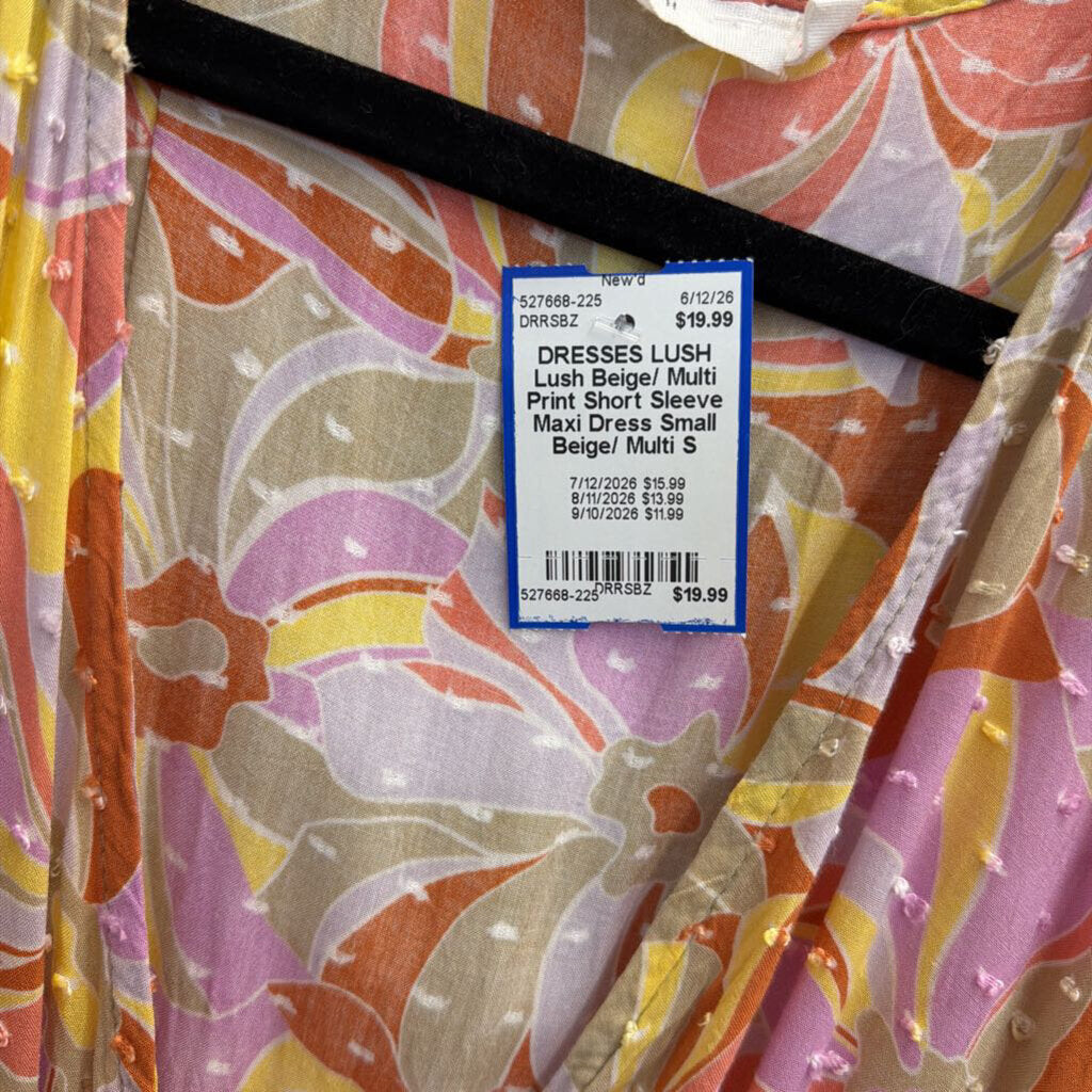 Lush Beige/ Multi Print Short Sleeve Maxi Dress Small