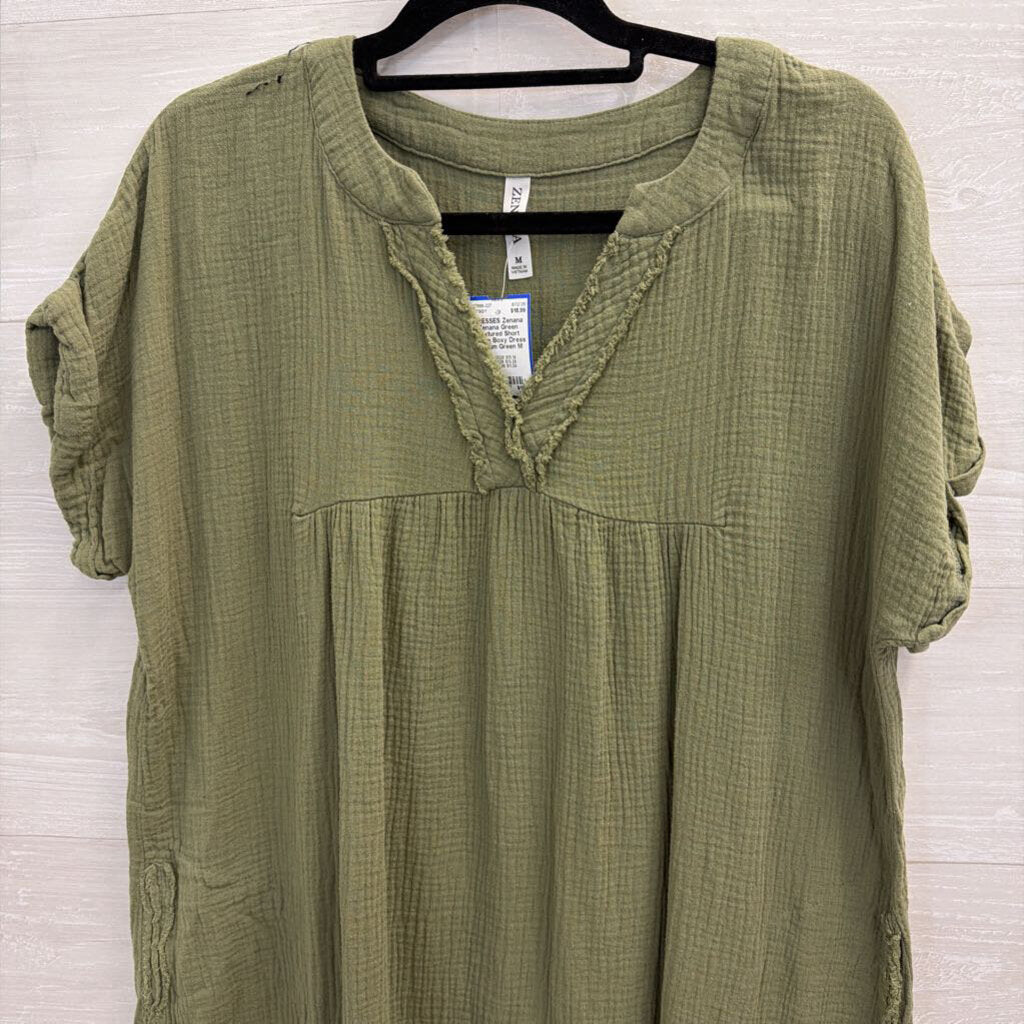 Zenana Green Textured Short Sleeve Boxy Dress Medium