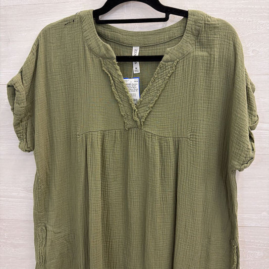 Zenana Green Textured Short Sleeve Boxy Dress Medium