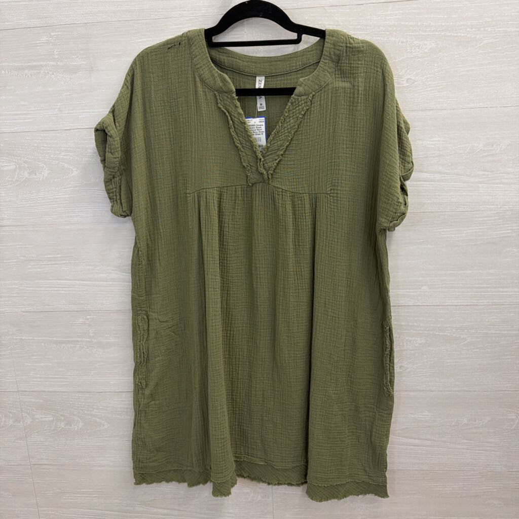 Zenana Green Textured Short Sleeve Boxy Dress Medium