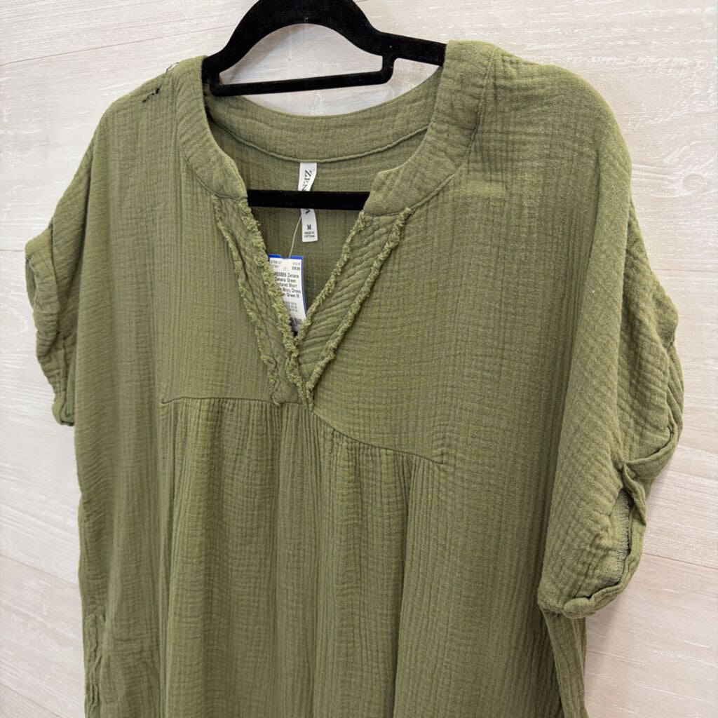 Zenana Green Textured Short Sleeve Boxy Dress Medium