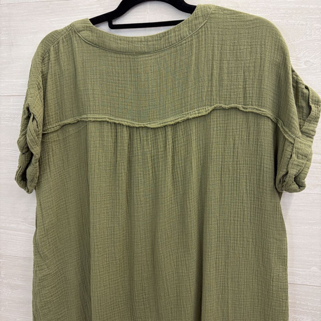 Zenana Green Textured Short Sleeve Boxy Dress Medium