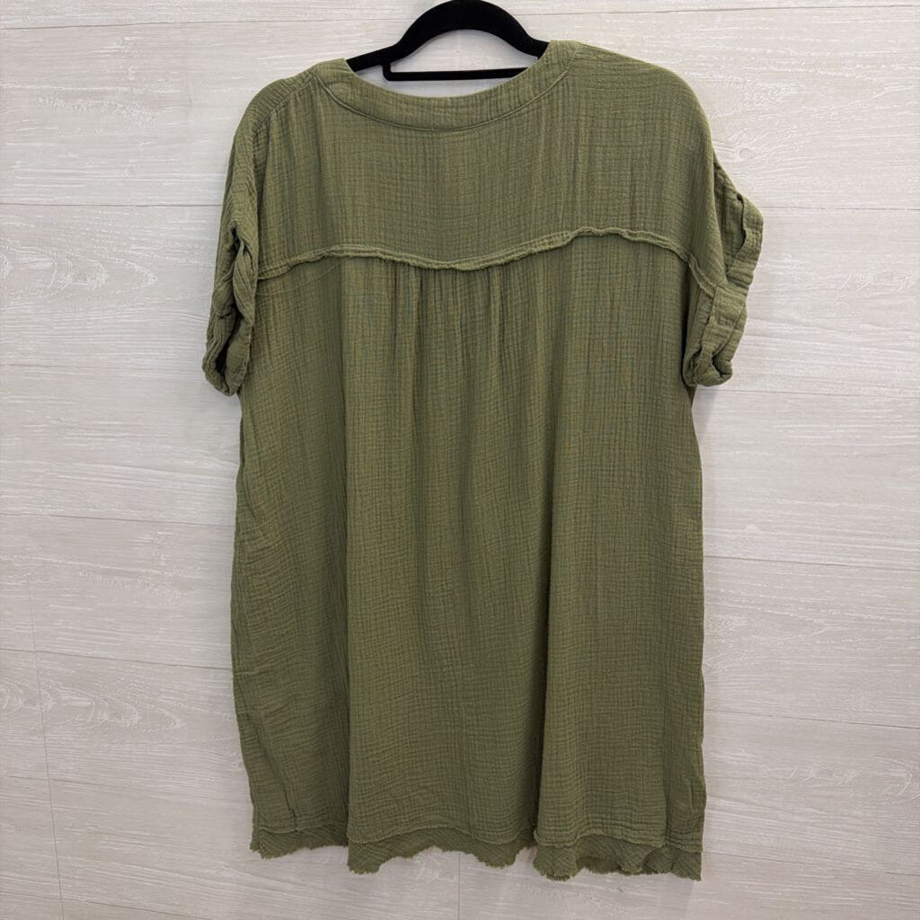 Zenana Green Textured Short Sleeve Boxy Dress Medium