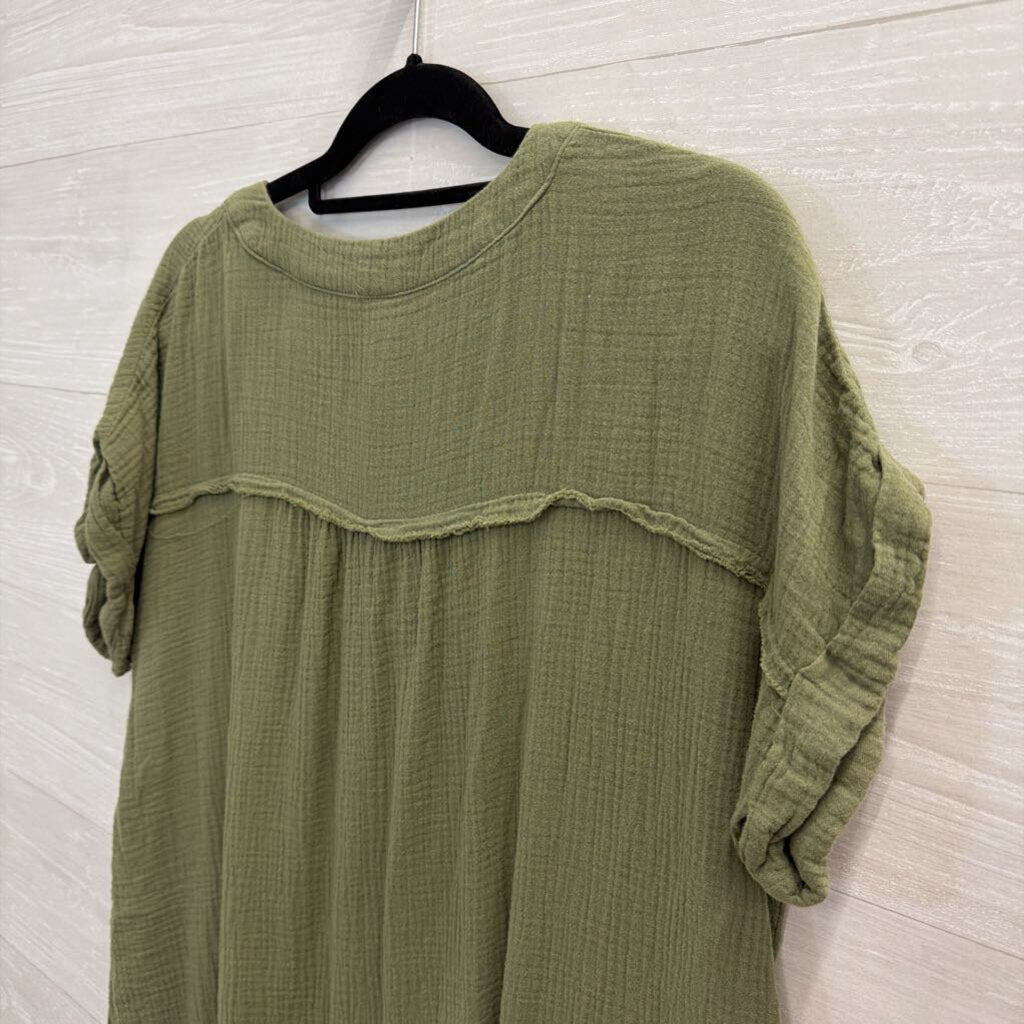 Zenana Green Textured Short Sleeve Boxy Dress Medium