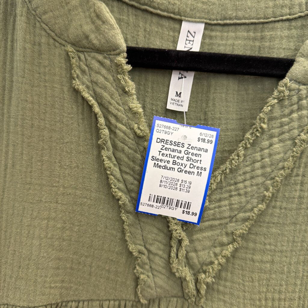 Zenana Green Textured Short Sleeve Boxy Dress Medium