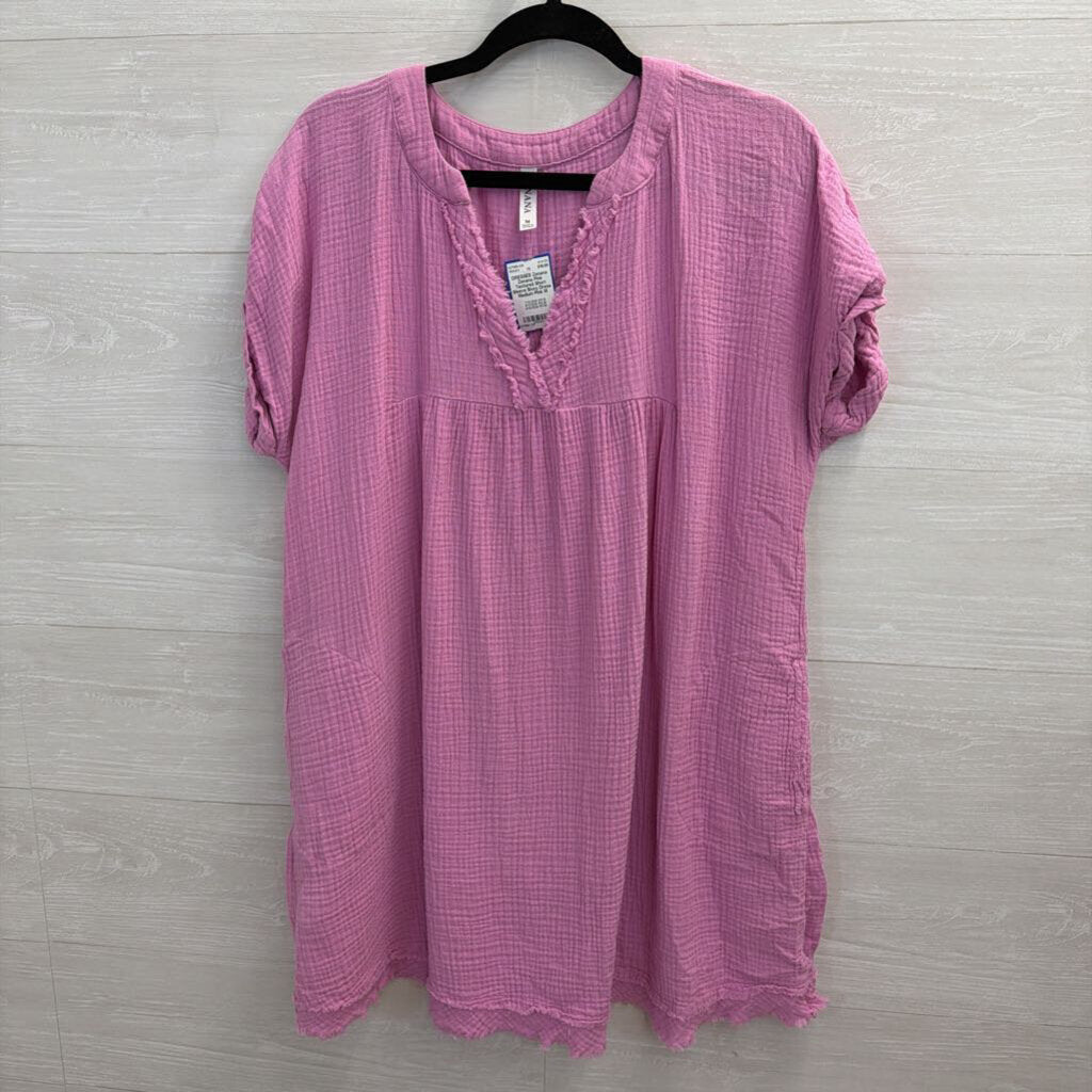Zenana Pink Textured Short Sleeve Boxy Dress Medium