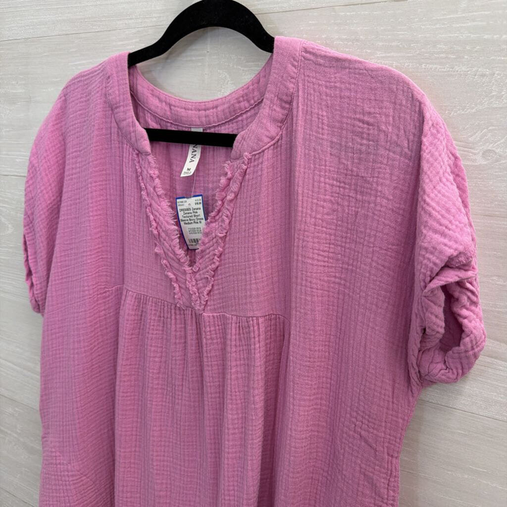 Zenana Pink Textured Short Sleeve Boxy Dress Medium
