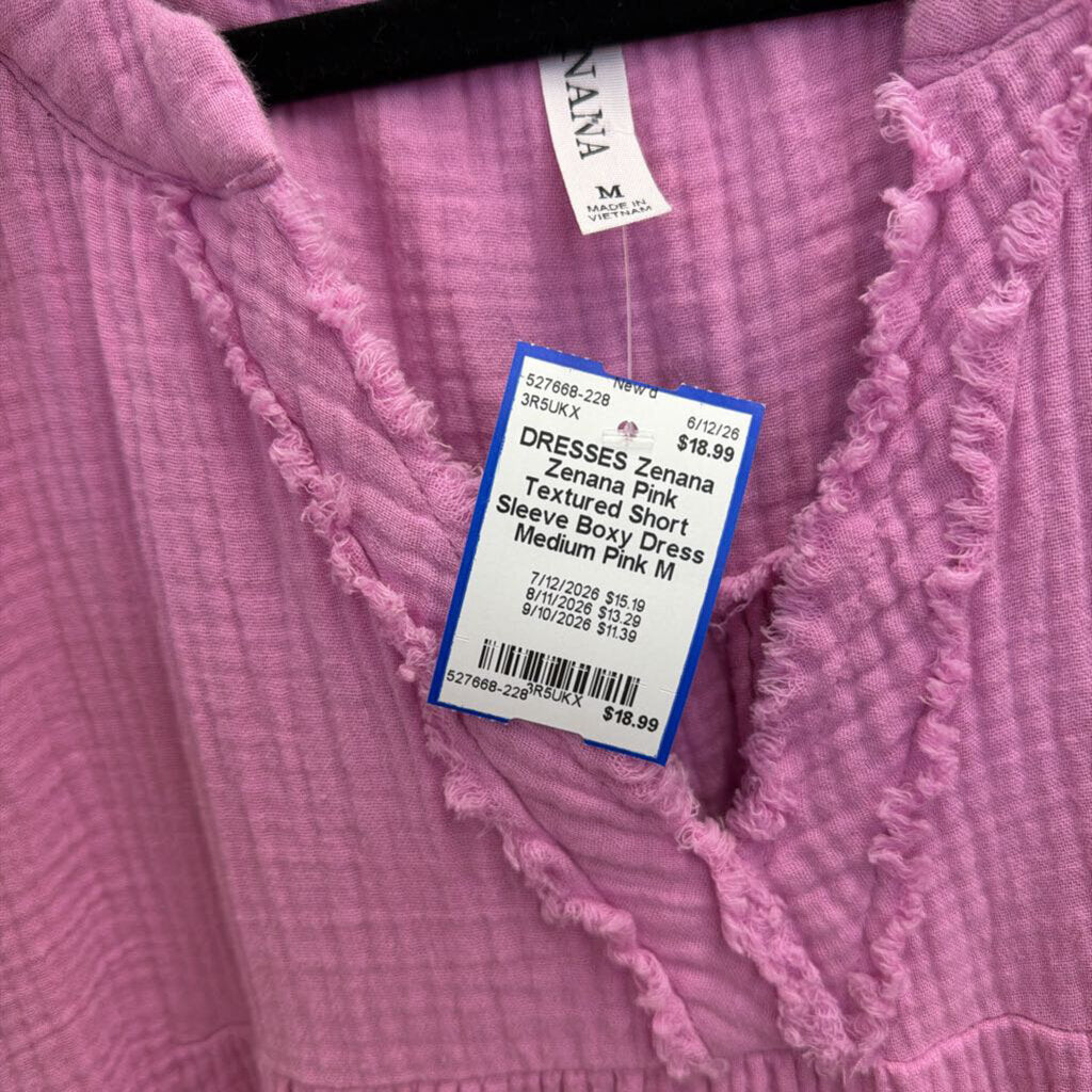 Zenana Pink Textured Short Sleeve Boxy Dress Medium