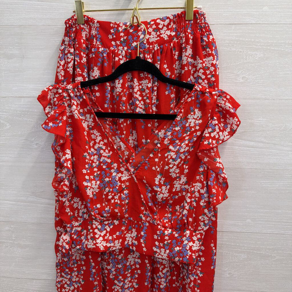 Red/ White/ Blue Print Cropped Short Sleeve Top/ Maxi Skirt Set Large
