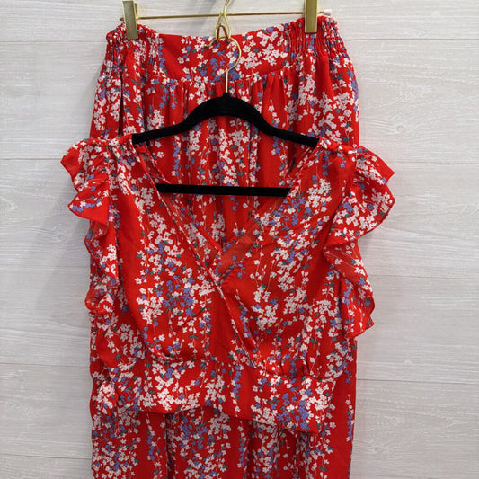 Red/ White/ Blue Print Cropped Short Sleeve Top/ Maxi Skirt Set Large
