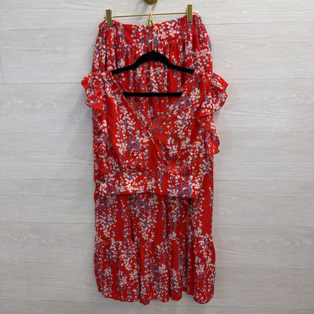 Red/ White/ Blue Print Cropped Short Sleeve Top/ Maxi Skirt Set Large