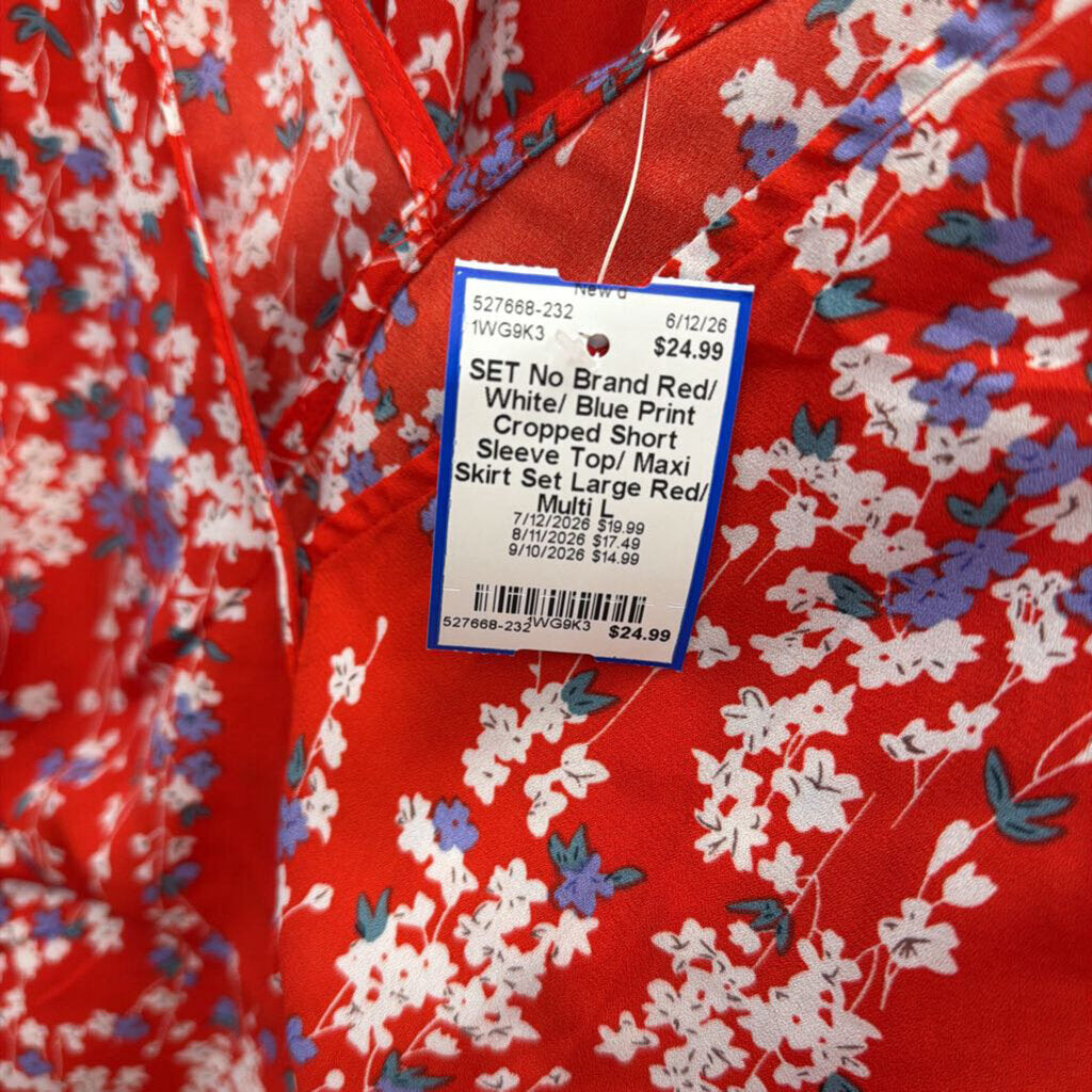 Red/ White/ Blue Print Cropped Short Sleeve Top/ Maxi Skirt Set Large