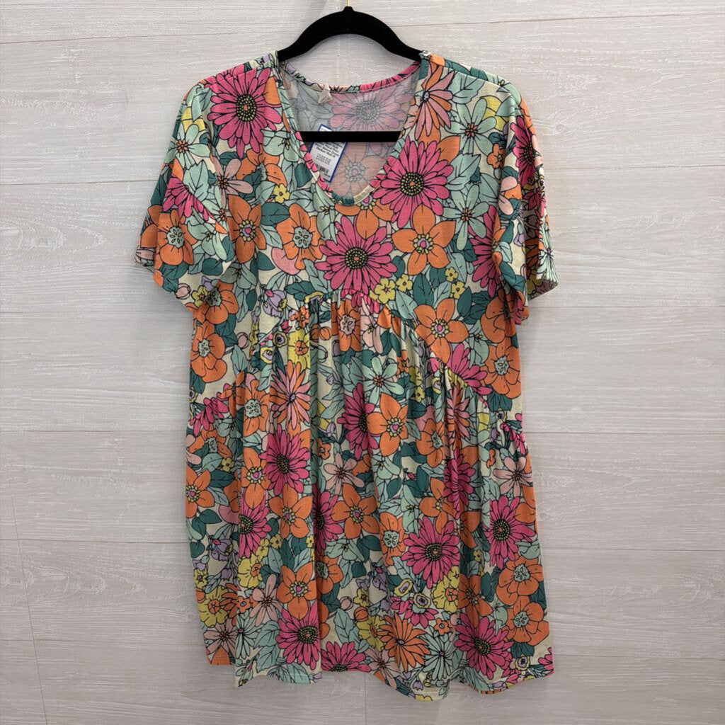BomBom Multi Color Floral Print Short Sleeve Dress Medium