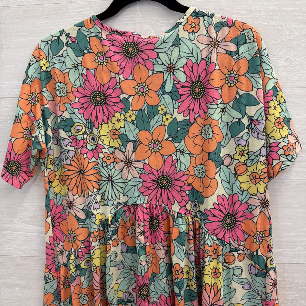 BomBom Multi Color Floral Print Short Sleeve Dress Medium