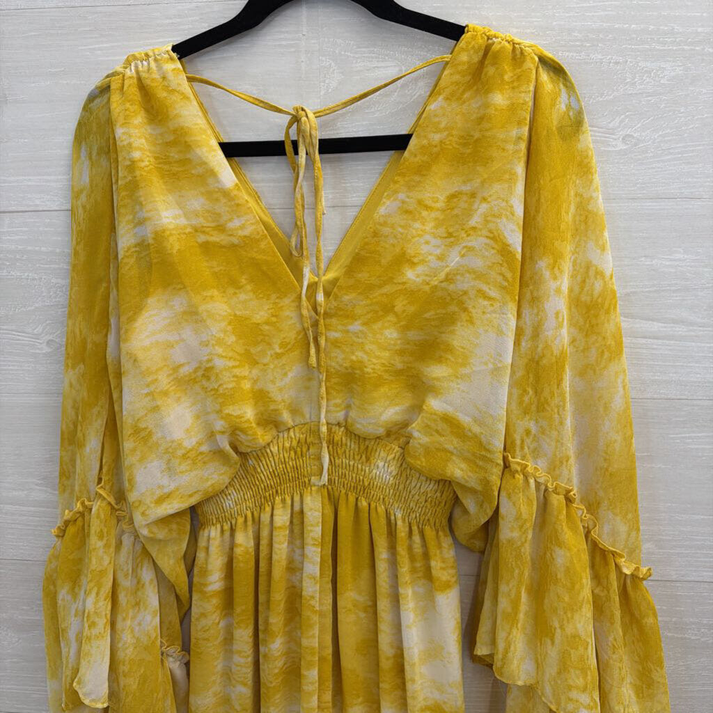 HYFVE Yellow Print Long Bell Sleeve Maxi Dress Small
