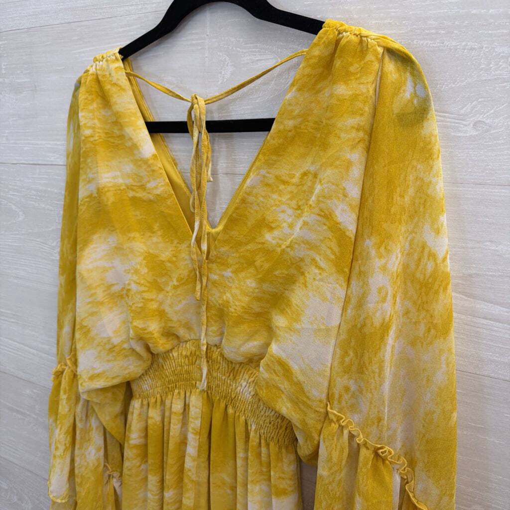 HYFVE Yellow Print Long Bell Sleeve Maxi Dress Small