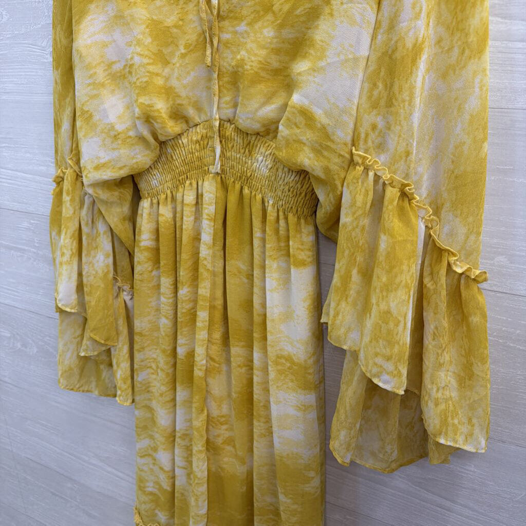HYFVE Yellow Print Long Bell Sleeve Maxi Dress Small