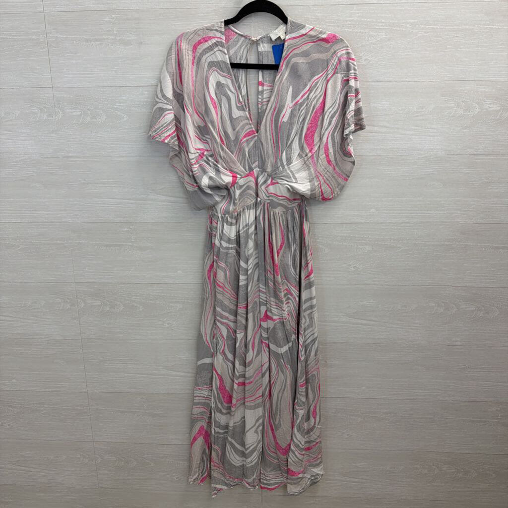 Oddi Grey/ White/ Pink Print Short Sleeve Maxi Dress Small