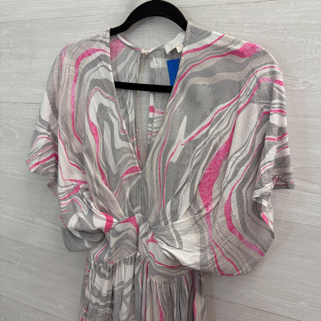 Oddi Grey/ White/ Pink Print Short Sleeve Maxi Dress Small