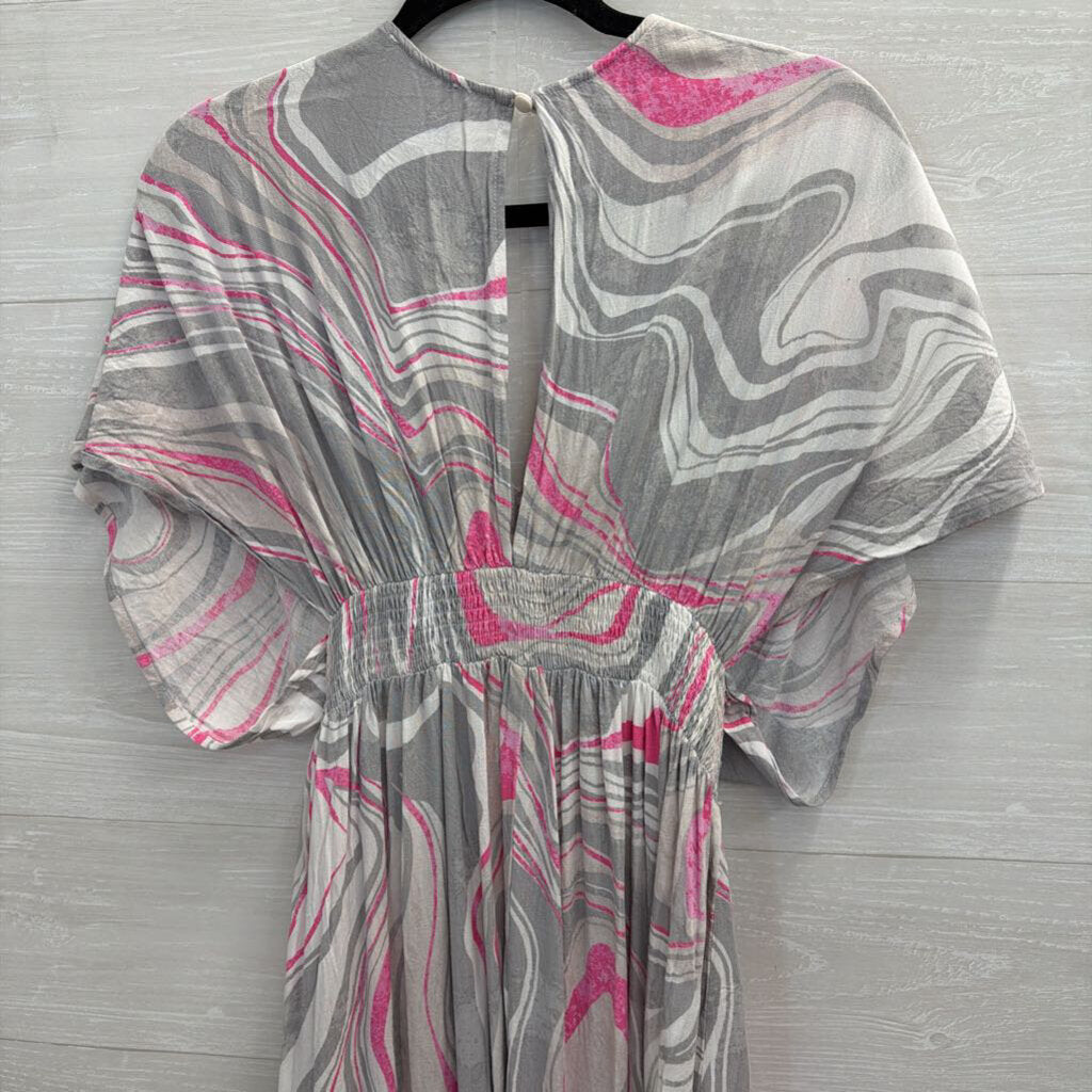 Oddi Grey/ White/ Pink Print Short Sleeve Maxi Dress Small