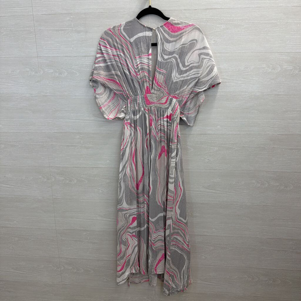 Oddi Grey/ White/ Pink Print Short Sleeve Maxi Dress Small