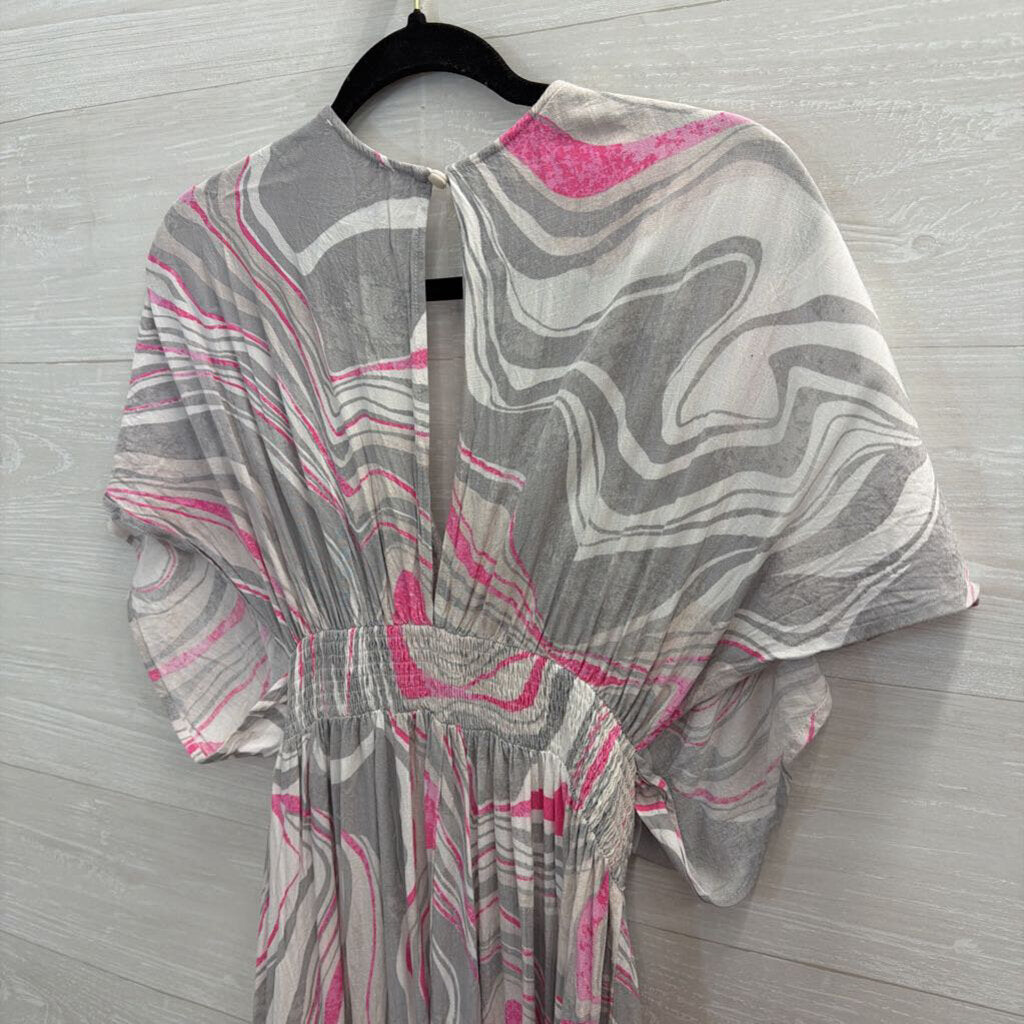 Oddi Grey/ White/ Pink Print Short Sleeve Maxi Dress Small