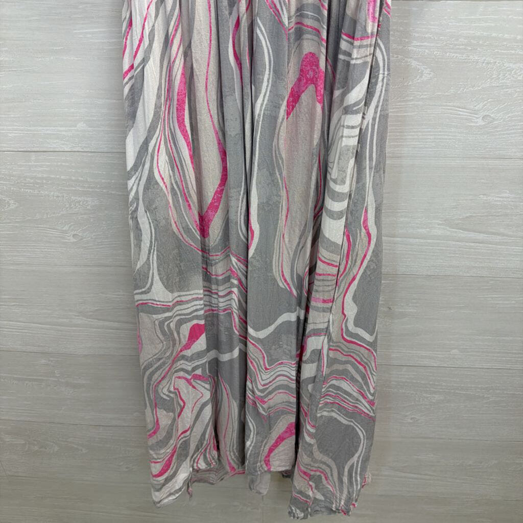 Oddi Grey/ White/ Pink Print Short Sleeve Maxi Dress Small