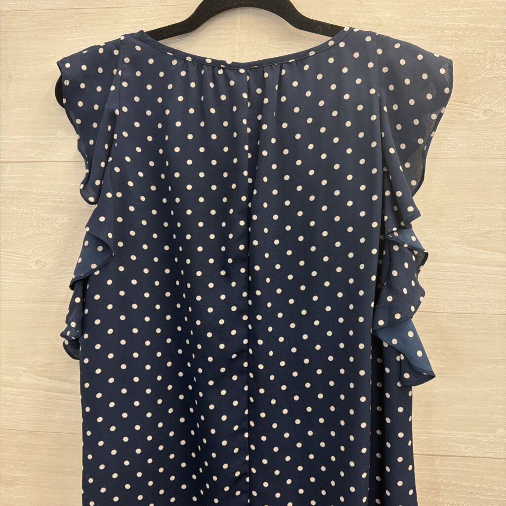 J Crew Navy/ White Polka Dot Print Short Ruffle Sleeve Top Medium