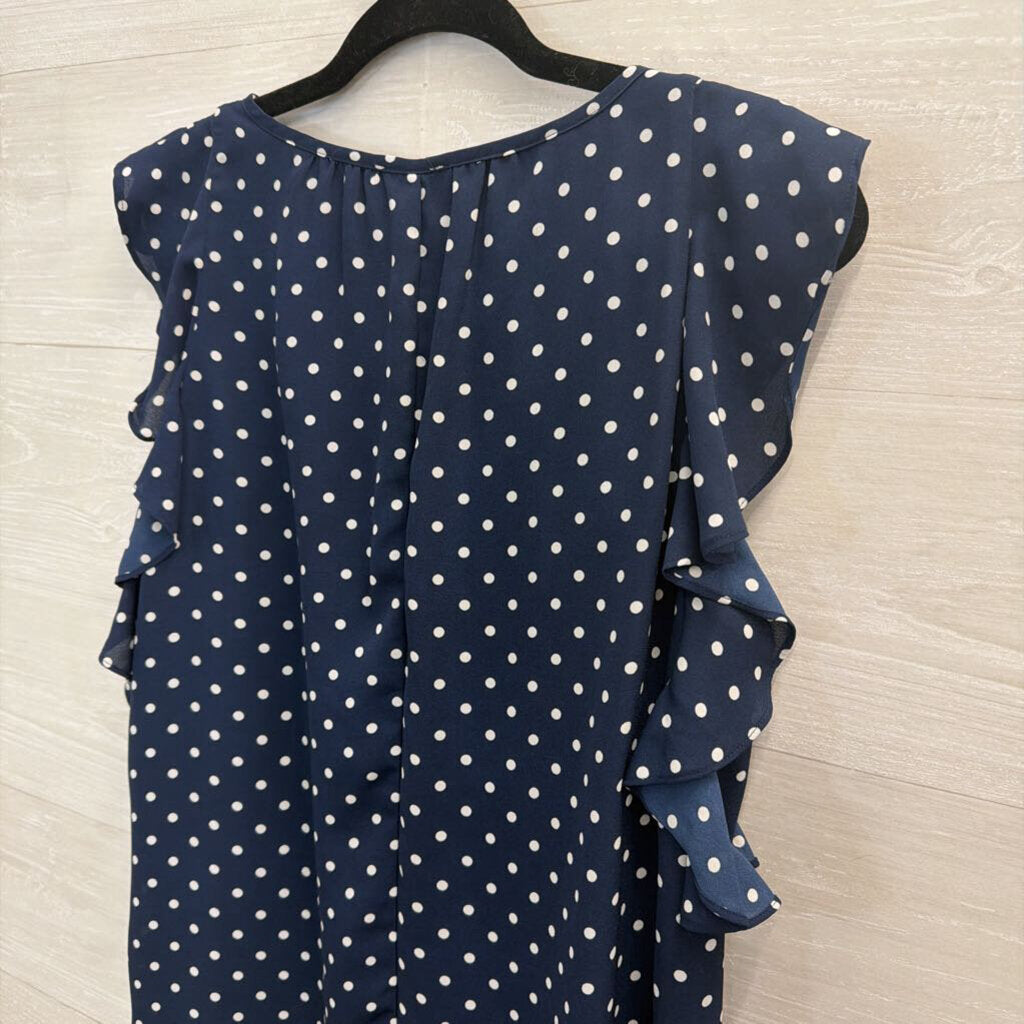 J Crew Navy/ White Polka Dot Print Short Ruffle Sleeve Top Medium