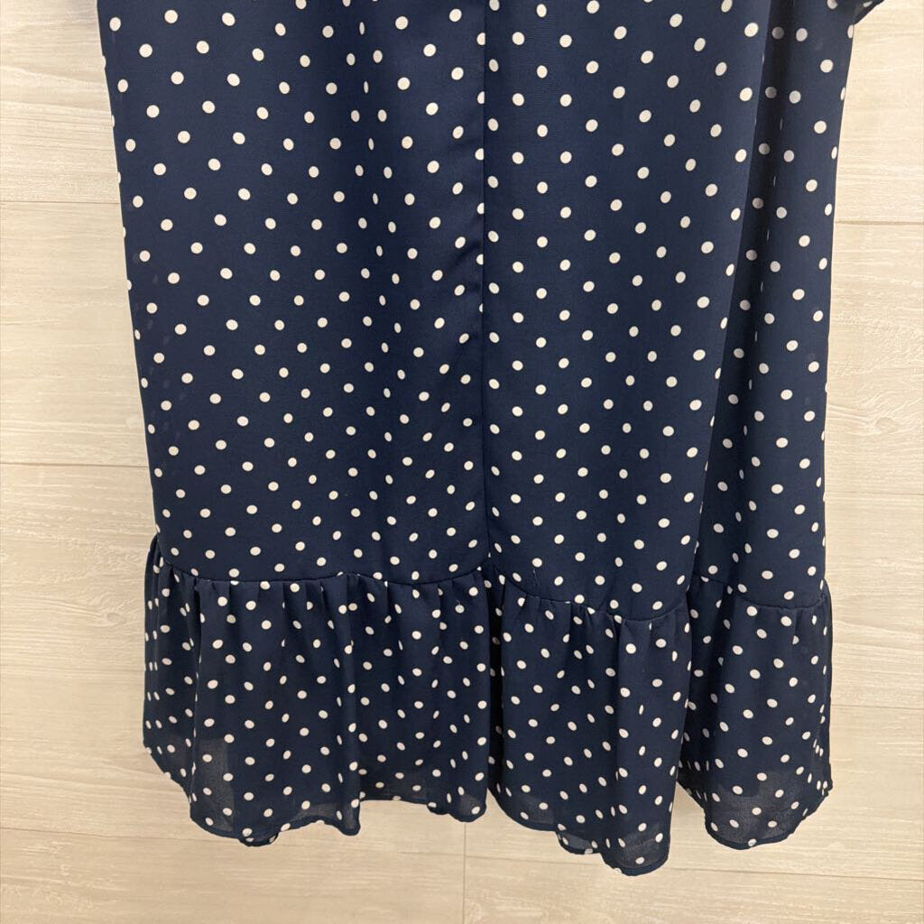 J Crew Navy/ White Polka Dot Print Short Ruffle Sleeve Top Medium