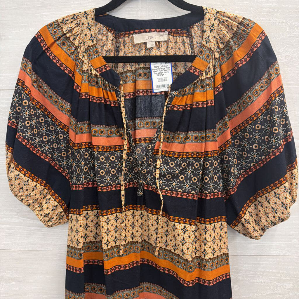 Loft Navy/ Orange Print Short Puff Sleeve Top Large