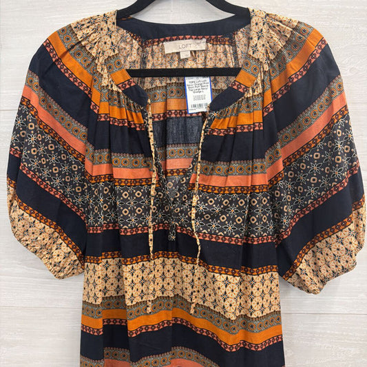 Loft Navy/ Orange Print Short Puff Sleeve Top Large
