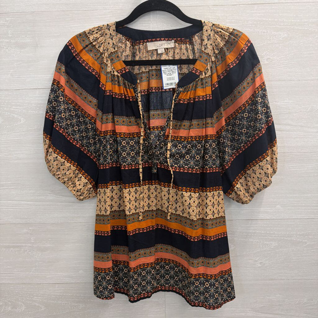 Loft Navy/ Orange Print Short Puff Sleeve Top Large