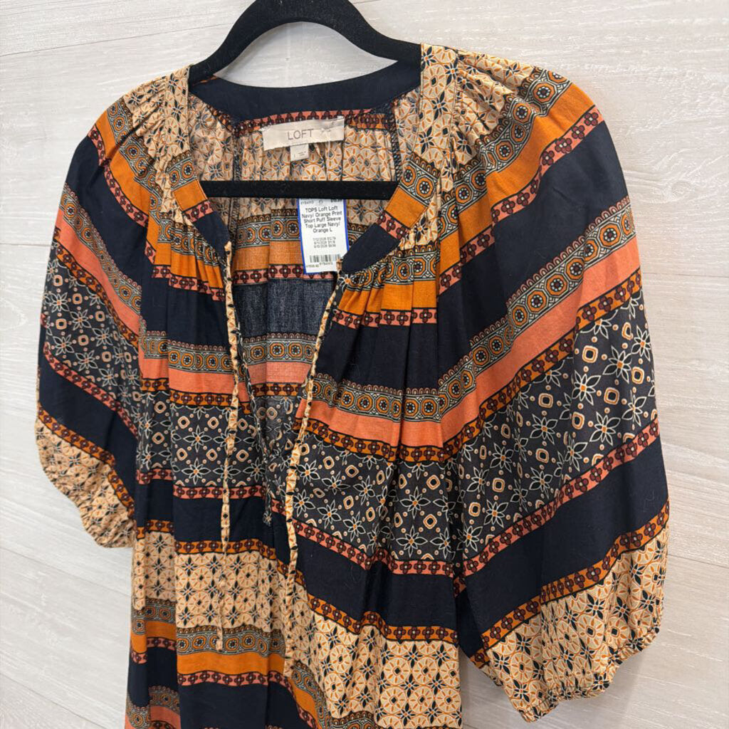 Loft Navy/ Orange Print Short Puff Sleeve Top Large