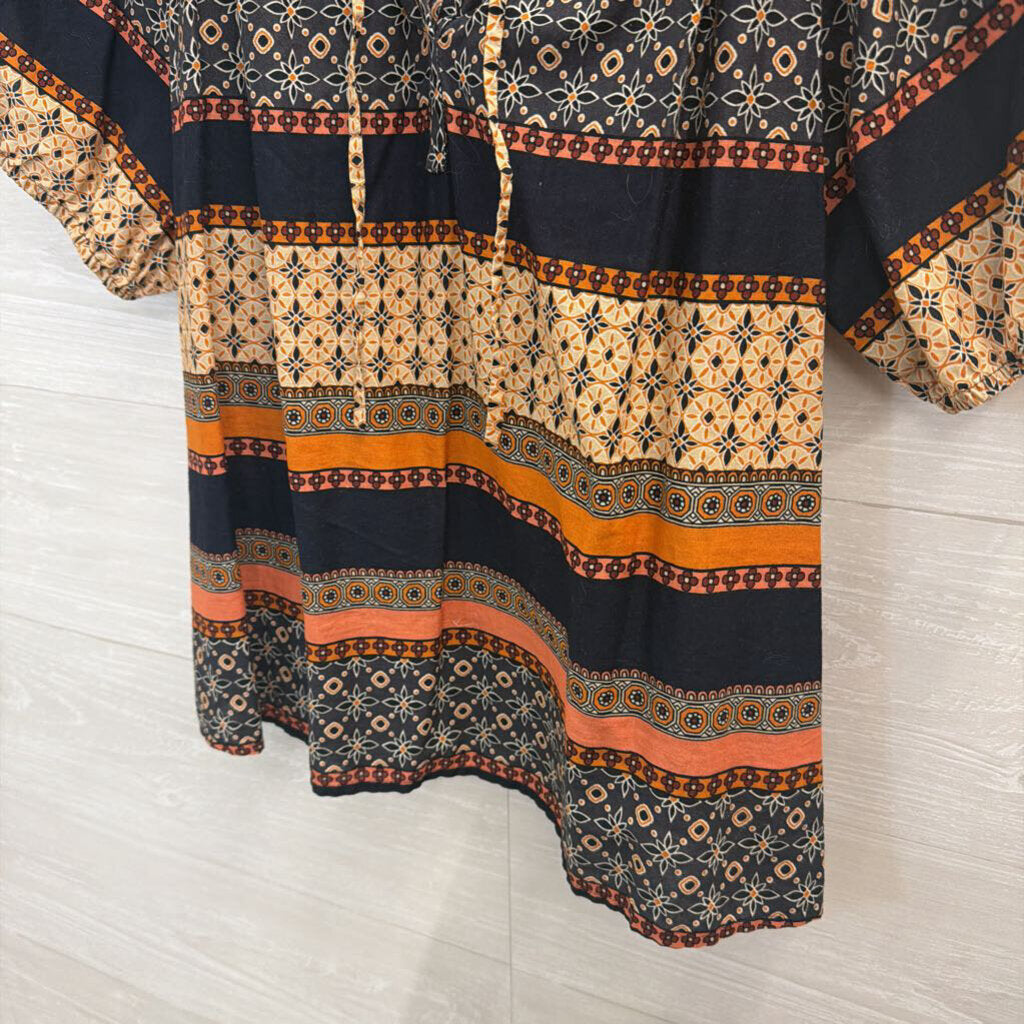 Loft Navy/ Orange Print Short Puff Sleeve Top Large