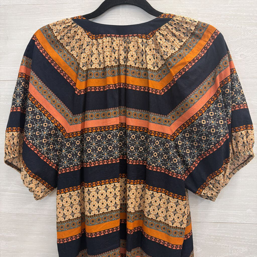 Loft Navy/ Orange Print Short Puff Sleeve Top Large
