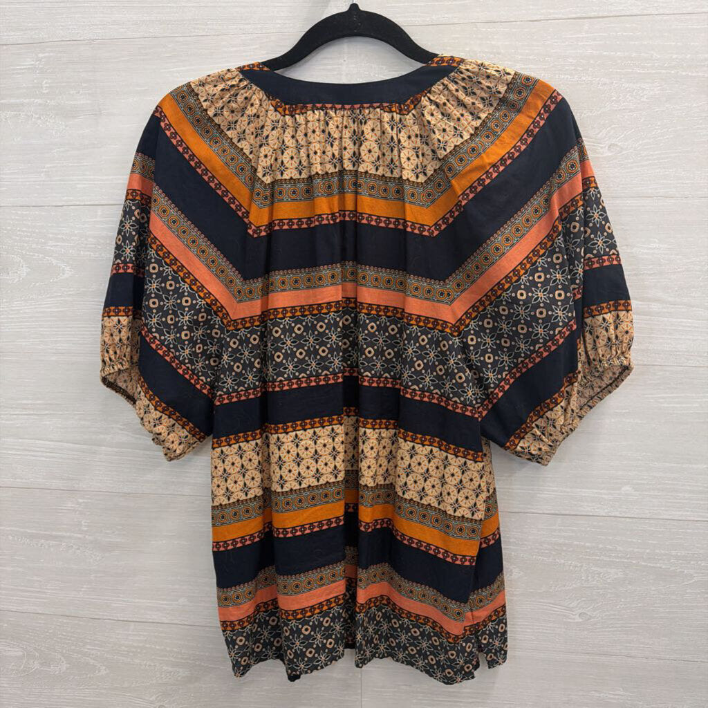 Loft Navy/ Orange Print Short Puff Sleeve Top Large