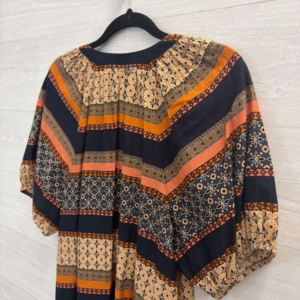 Loft Navy/ Orange Print Short Puff Sleeve Top Large