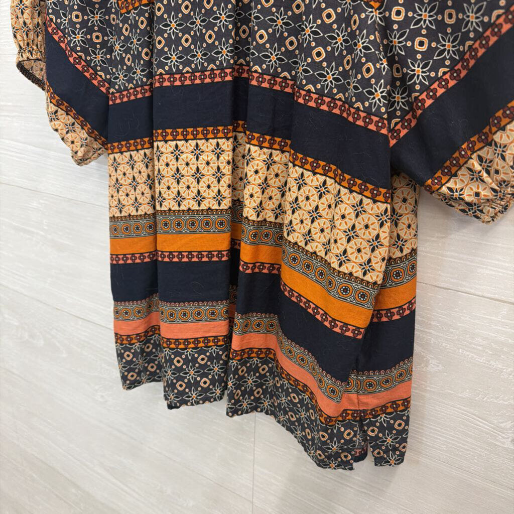 Loft Navy/ Orange Print Short Puff Sleeve Top Large