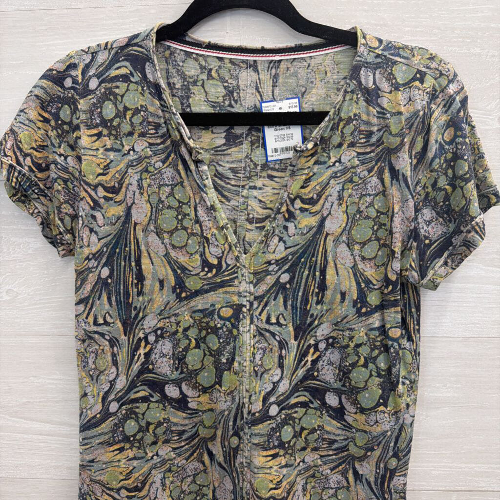 Pilcro Blue/ Green Print Short Sleeve Top Extra Small